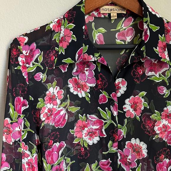 Women's Vintage Notations Sheer Floral Top 90s Button Up Whimsy Size Large - Picture 2 of 10